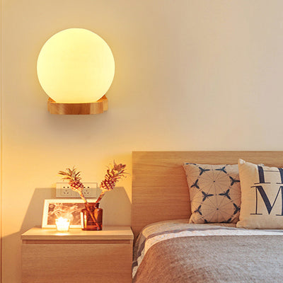 Modern Minimalist Orb Shape Wood Glass 1-Light Wall Sconce Lamp For Bedroom