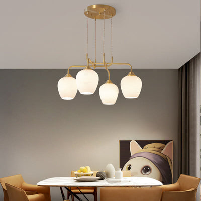 Modern Transitional Round Cup All Brass Glass 4-Light Chandelier For Living Room