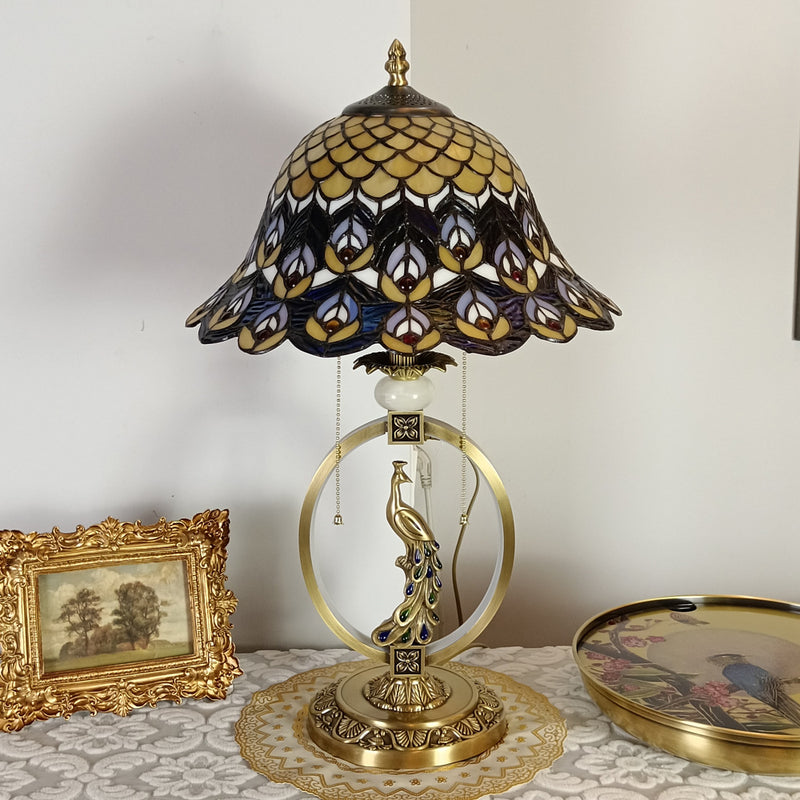 Traditional Tiffany Copper Glass Dome Round Peacock Cockatoo 1-Light Table Lamp For Bedroom