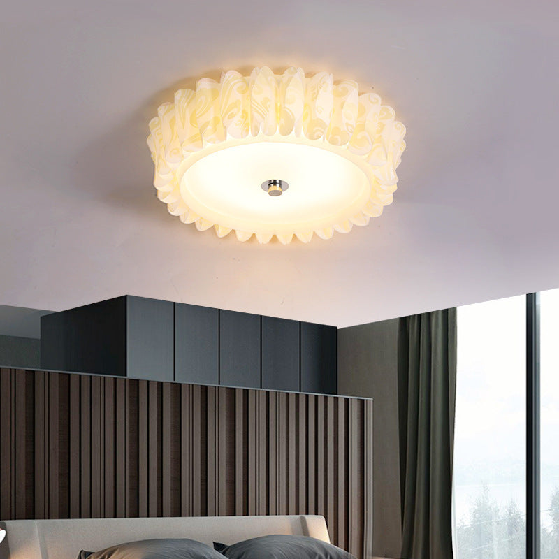 Contemporary Nordic Iron Acrylic Round Pleat Lace LED Flush Mount Ceiling Light For Bedroom