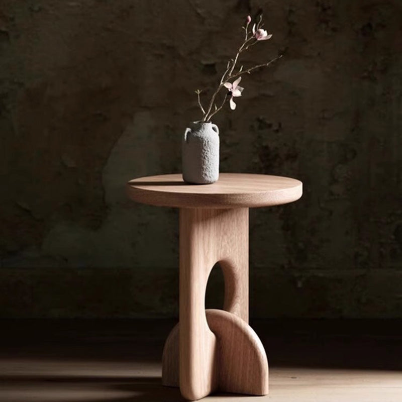 Traditional Japanese Round Wooden End Table For Living Room