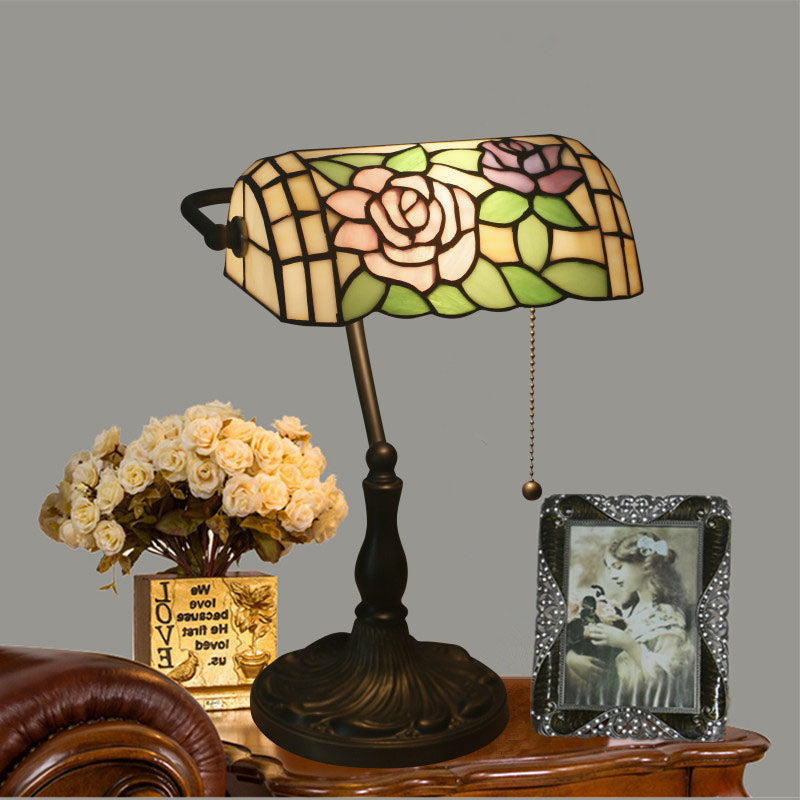 Traditional Tiffany Half Cylinder Rose Zinc Alloy Glass 1-Light Table Lamp For Bedroom