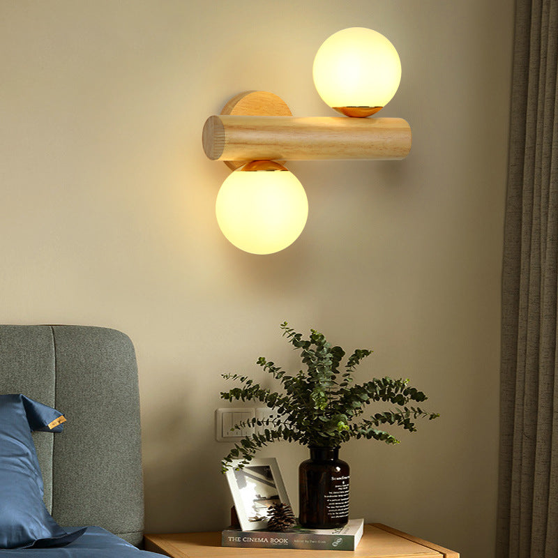 Contemporary Scandinavian Cylinder Orb Rubberwood Glass 2-Light Wall Sconce Lamp For Bedroom