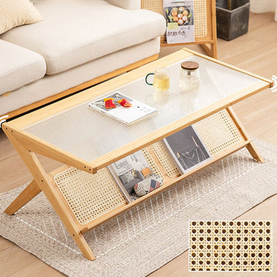 Traditional Japanese Rectangle Z-Shape Wood Glass Rattan Coffee Table For Living Room