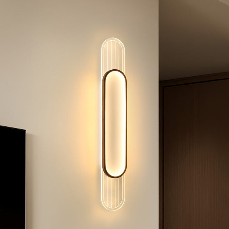 Modern Simplicity Imitation Wood Grain Edging Acrylic Grille Ellipse Shade LED Wall Sconce Lamp For Living Room