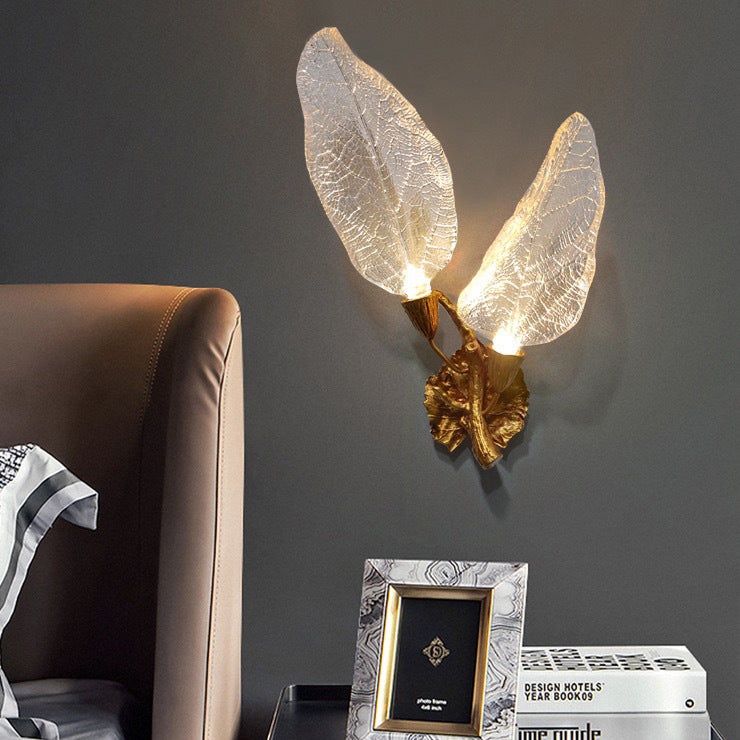 Modern Luxury Resin Imitation Leaf Texture Antique Brass Branch Shape LED Wall Sconce Lamp For Living Room