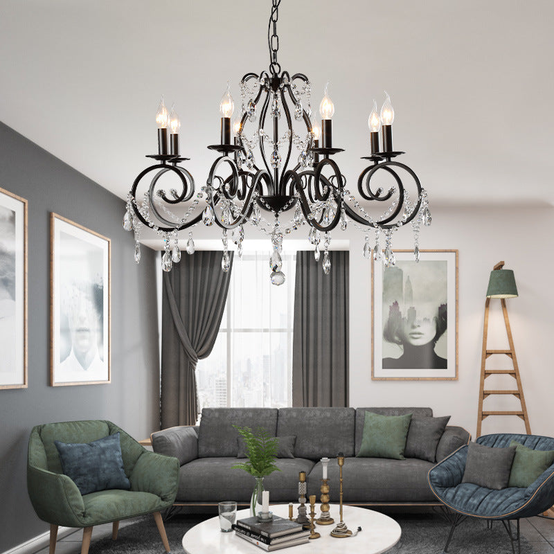 Traditional Vintage Crystal Candelabra Branch Iron 6/8 Light Chandelier For Living Room