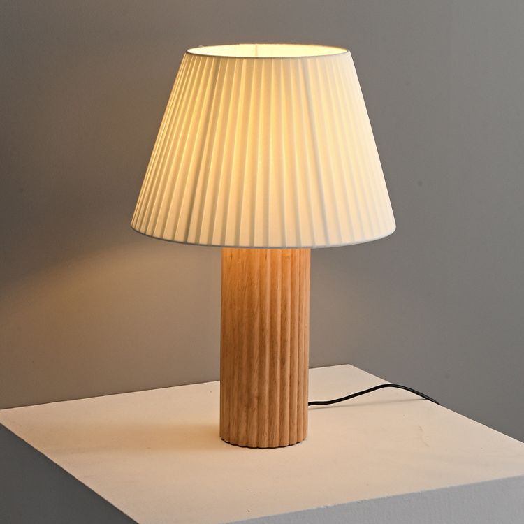 Contemporary Retro Cylinder Pleated Wood Fabric Brass 1-Light Table Lamp For Bedside