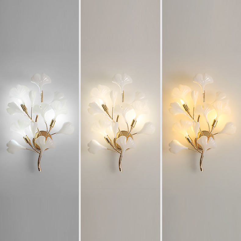 Contemporary Creative Ginkgo Leaf Iron Plastic Porcelain 2/3 Light Wall Sconce Lamp For Living Room