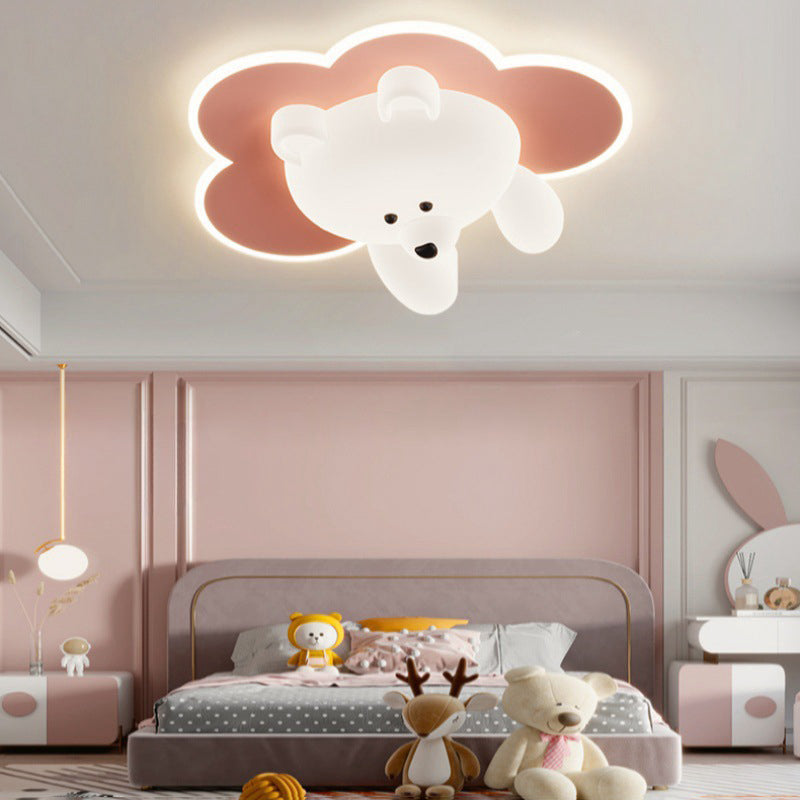 Modern Art Deco Round Cloud Bear Acrylic Iron LED Flush Mount Ceiling Light For Bedroom