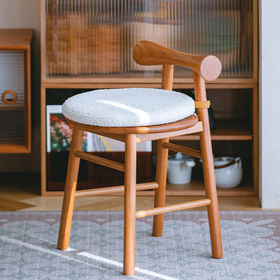 Tabouret de coiffeuse rond en bois et laine d'agneau de simplicité moderne avec dossier et repose-pieds pour chambre 