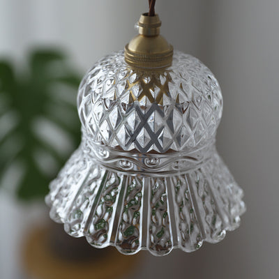 Traditional French Brass Checkered Glass Flower-Shape 1-Light Pendant Light For Living Room