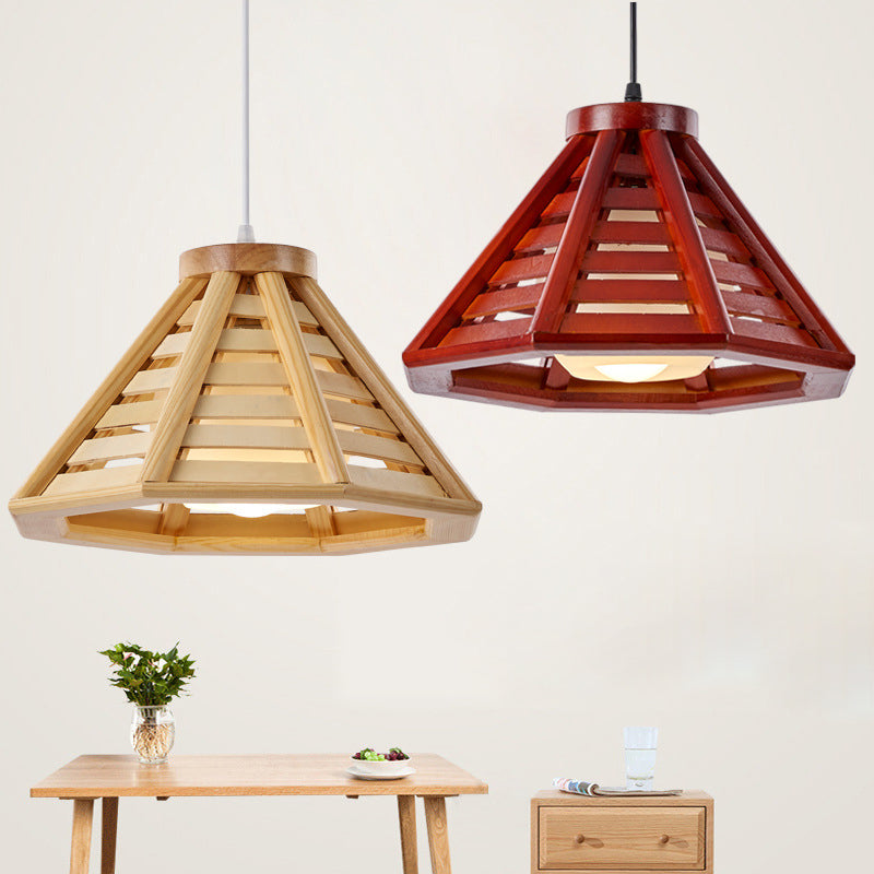 Traditional Japanese Iron Wood Conic Pyramid 1-Light Pendant Light For Dining Room