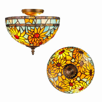 Traditional Tiffany Dome Sunflower Iron Glass 2-Light Semi-Flush Mount Ceiling Light For Hallway