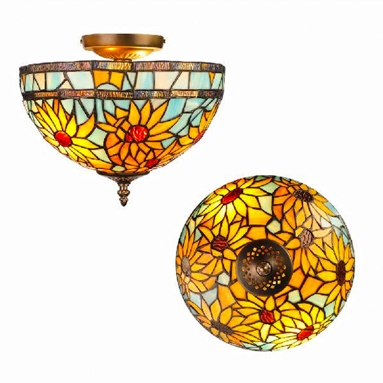 Traditional Tiffany Dome Sunflower Iron Glass 2-Light Semi-Flush Mount Ceiling Light For Hallway