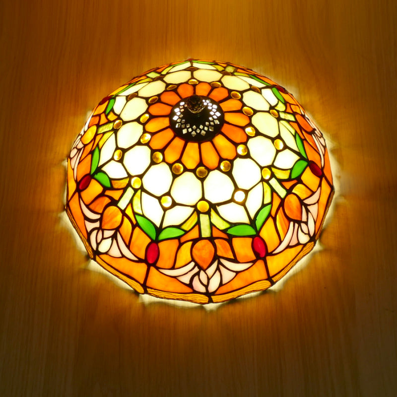 Traditional Tiffany Tulip Stained Glass Iron Dome 2/3-Light Flush Mount Ceiling Light For Living Room