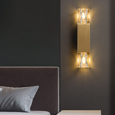 Minimalist Light Crystal Square Column Brass 2-Light Wall Sconce Lamp