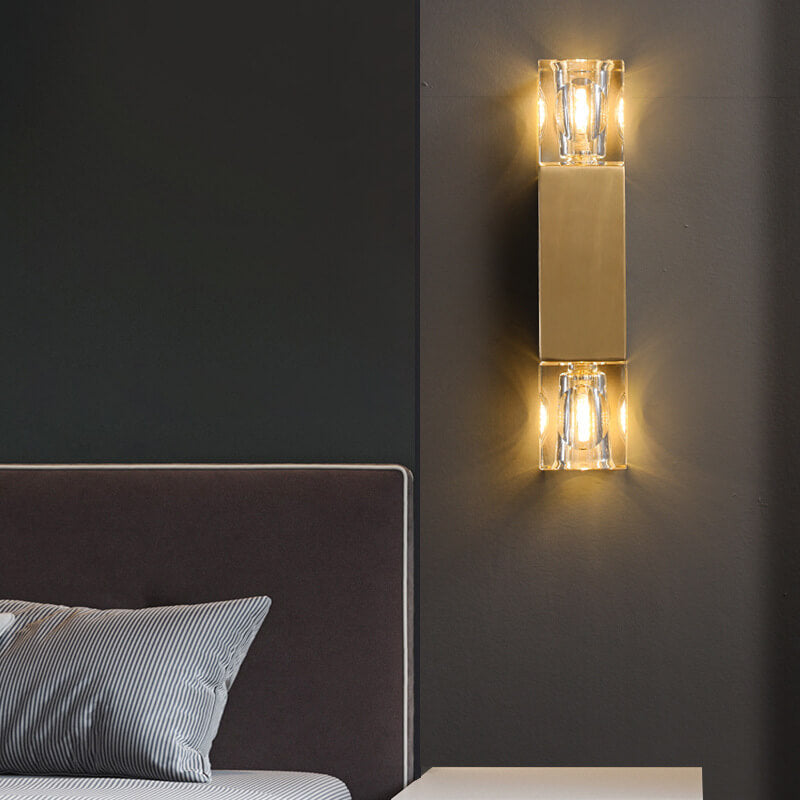 Minimalist Light Crystal Square Column Brass 2-Light Wall Sconce Lamp