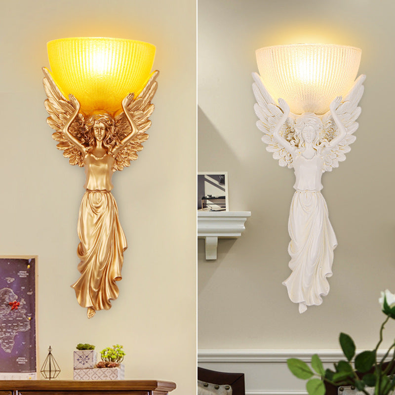 Traditional European Resin Glass Angel Statue 1-Light Wall Sconce Lamp For Living Room