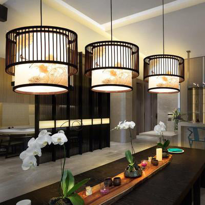 Traditional Chinese Bamboo Weaving Fabric Round 1-Light Pendant Light For Dining Room