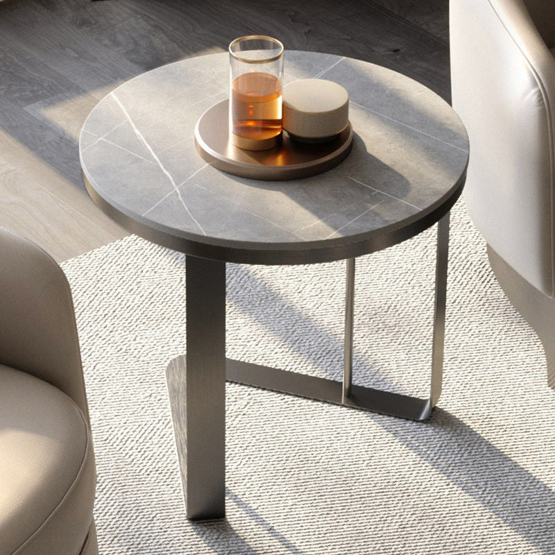 Modern Simplicity Round Triangle Base Slate Metal End Table For Living Room