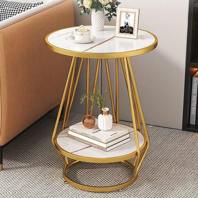 Contemporary Luxury Round Marble Texture Metal Frame Side Table 2-Tier Storage Shelves For Living Room