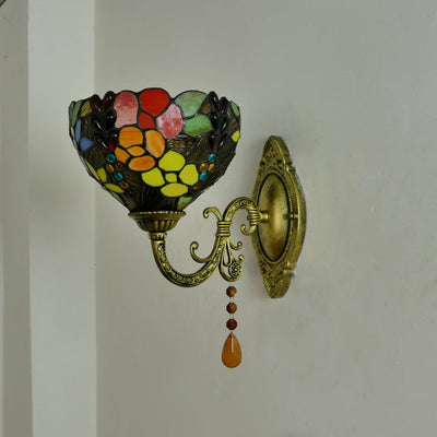 Traditional Tiffany Cup Rose Sunflower Dragonfly Iron Stained Glass 1-Light Wall Sconce Lamp For Bedroom