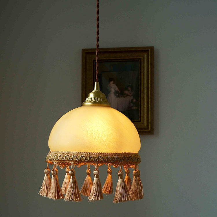 Traditional French Round Tassel Glass Copper Fabric 1-Light Pendant Light For Living Room