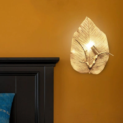 Contemporary Retro Leaf Full Copper 1-Light Wall Sconce Lamp For Living Room