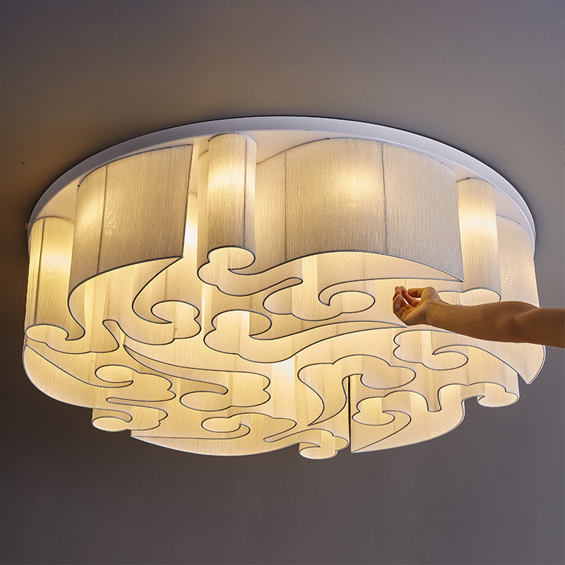 Traditional Chinese Iron Fabric Round Cloud 5/6/7/9/12/13 Light Flush Mount Ceiling Light For Bedroom