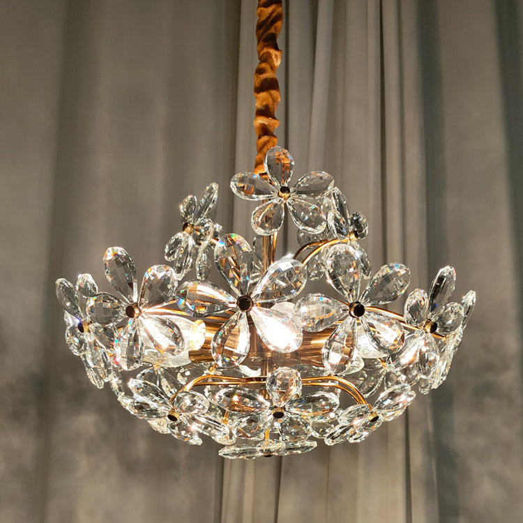 Traditional French Copper Iron Crystal Flower Hemispheric 6/8 Light Chandeliers For Bedroom