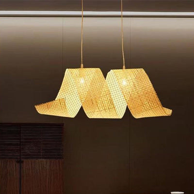 Traditional Japanese Bamboo Weaving Ribbon Shape 2/3-Light Chandelier For Dining Room