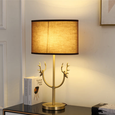 Contemporary Retro Fabric Brass Cylinder Deer 1-Light Table Lamp For Bedside