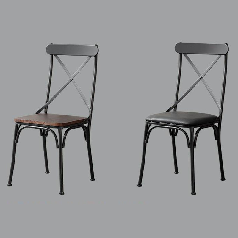 Contemporary Industrial Leather Wood Iron Square X Shape Back Dining Chair & Table Set For Dining Room