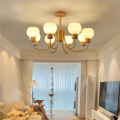 Modern Minimalist Branch Round Solid Wood Glass Hardware 6/8 Light Chandelier For Living Room