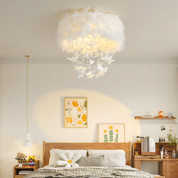 Contemporary Scandinavian Butterfly Feather Round Crystal Turkey Feather Iron LED Flush Mount Ceiling Light For Bedroom