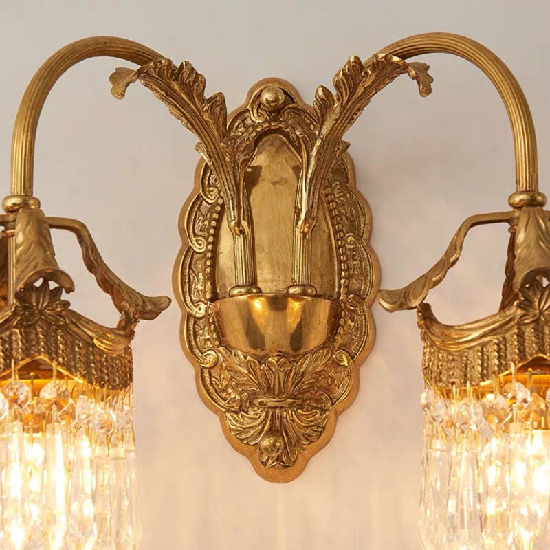 Traditional French Carved Leaf Brass Crystal 1/2 Light Wall Sconce Lamp For Bedroom