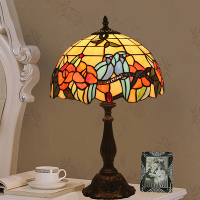 Traditional Tiffany Stained Glass Rose Flower Parrot Dome 1-Light Table Lamp For Bedroom