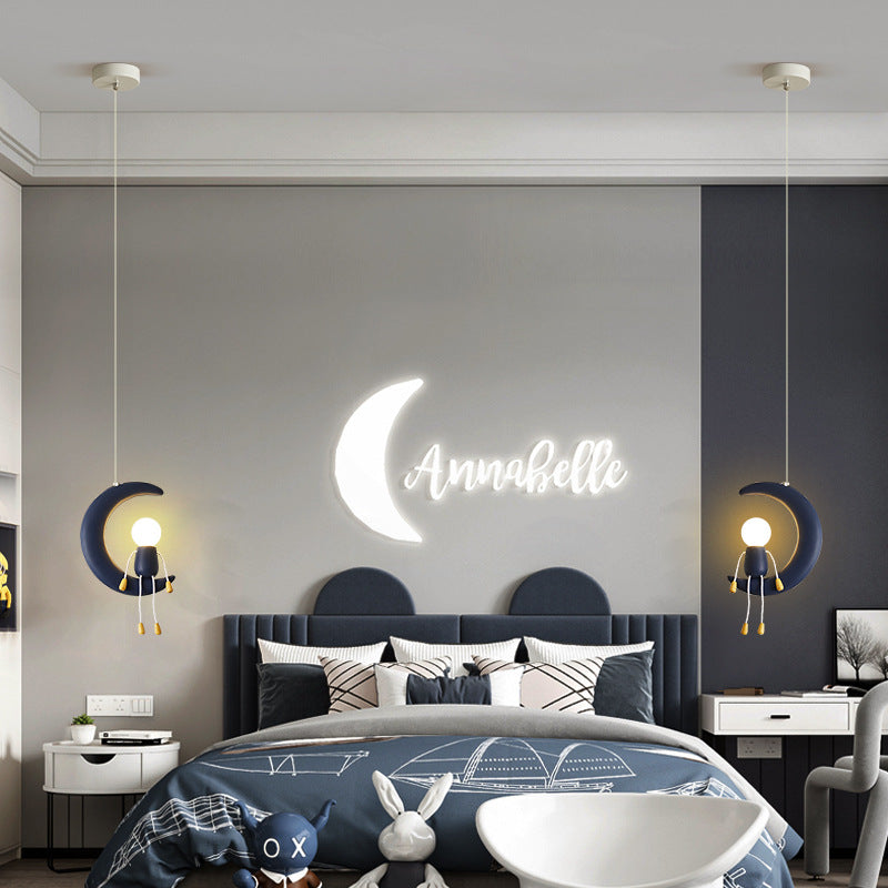 Contemporary Nordic Kids Iron Resin Glass Moon Doll 1-Light Pendant Light For Bedside