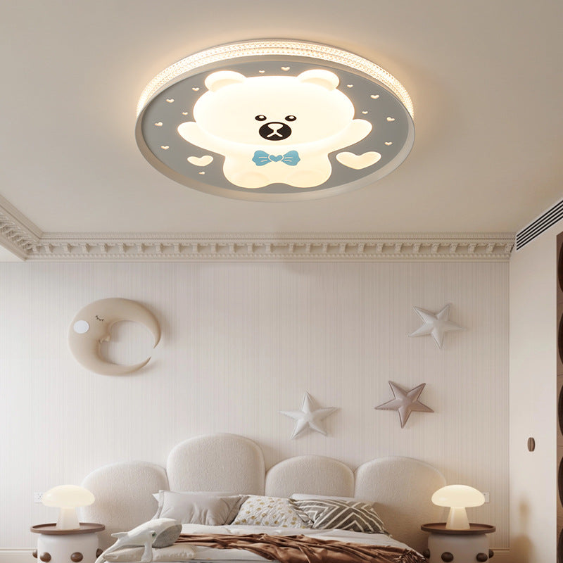 Contemporary Creative Kids Round Bear Iron Acrylic LED Flush Mount Ceiling Light For Bedroom