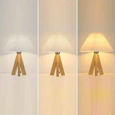 Modern Minimalist Trapezoid Tripod Pleated Fabric Shade Wood 1-Light Table Lamp For Bedroom