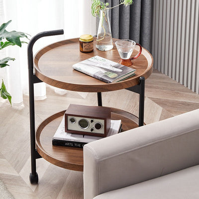 Modern Minimalist Round Iron Wood Coffee Table 2-Tier For Living Room