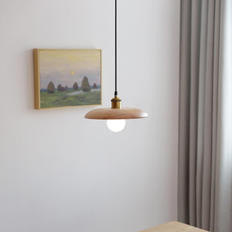 Traditional Japanese Disc Metal Original Wood 1-Light Pendant Light For Living Room