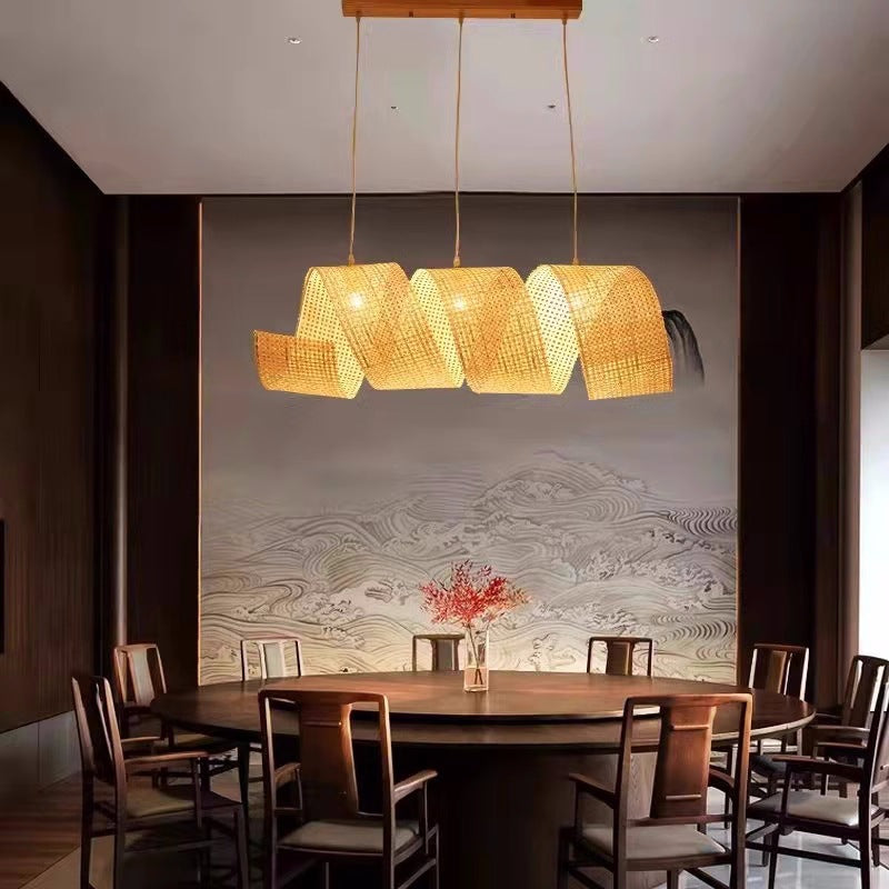 Traditional Japanese Bamboo Weaving Ribbon Shape 2/3-Light Chandelier For Dining Room