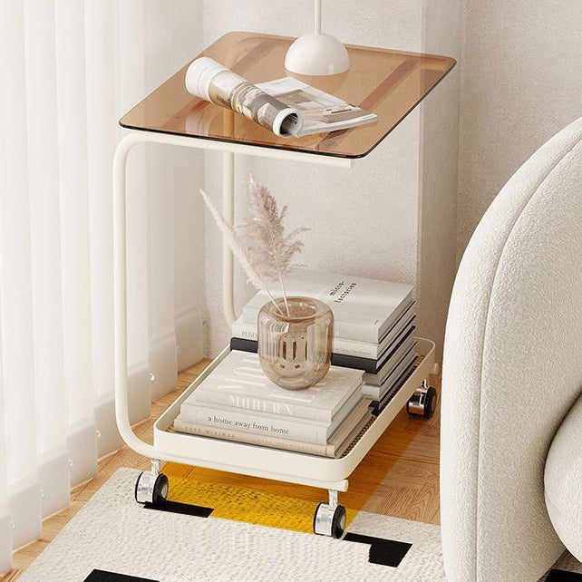 Contemporary Scandinavian C-Shaped Tempered Glass Top End Table 2-Tier Casters For Living Room