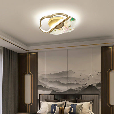 Traditional Chinese Enamel Lotus Acrylic Shade Brass Frame LED Semi-Flush Mount Ceiling Light For Living Room