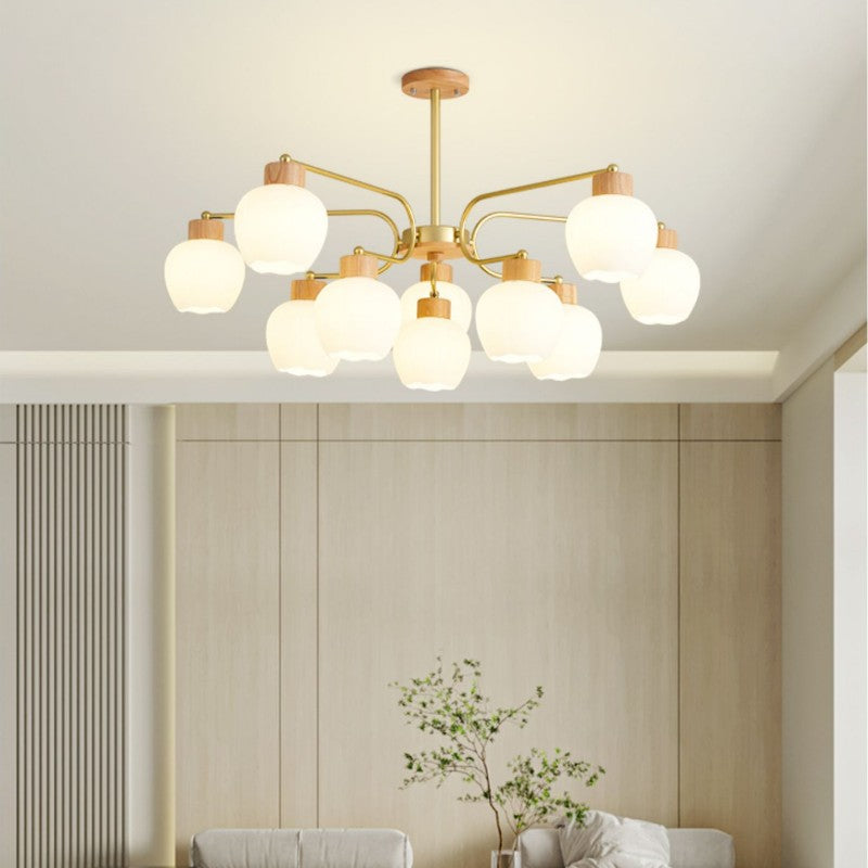 Modern Minimalist Curved Pole White Bellflower Hardware Wood Glass 6/10 Light Chandelier For Living Room