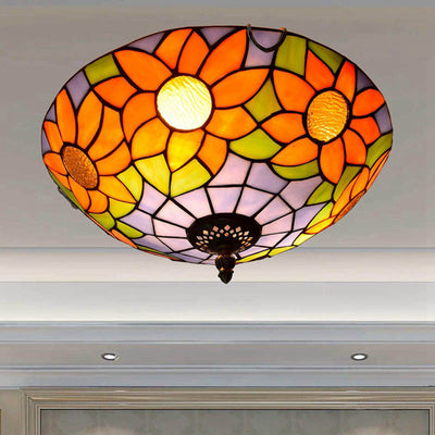 Traditional Tiffany Dome Sunflower Iron Glass 2-Light Flush Mount Ceiling Light For Living Room