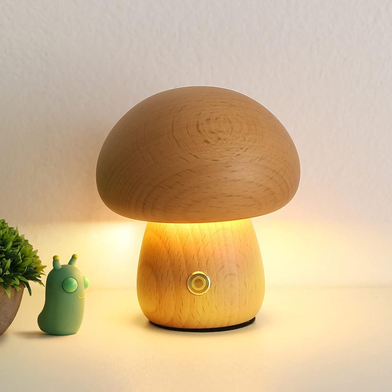 Contemporary Creative USB Mushroom Wood LED Table Lamp For Bedroom