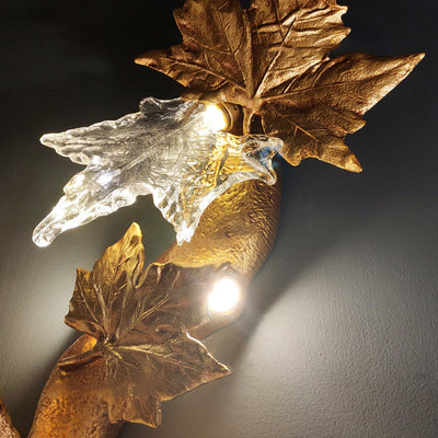 Contemporary Creative Copper Glass Splicing Maple Leaves Design 2-Light Wall Sconce Lamp For Living Room